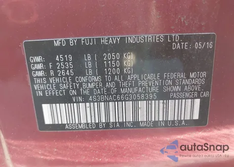 2016 Subaru Legacy 2.5I Premium z USA, uszkodzony, nr VIN 4S3BNAC66G3058395